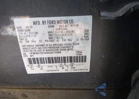 2022 Ford Explorer Xlt z USA, uszkodzony, nr VIN 1FMSK7DH6NGA73590